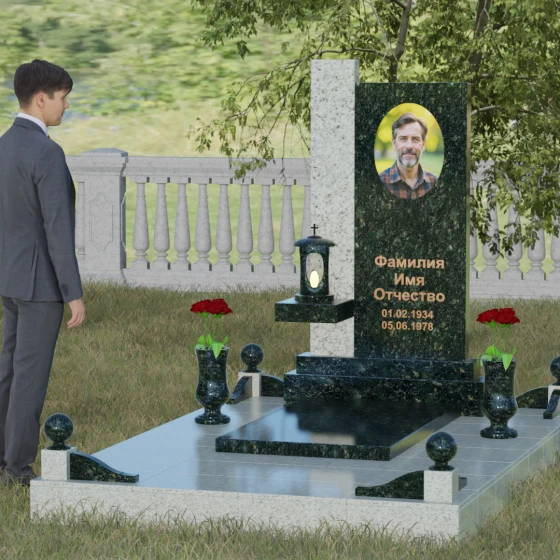 Светский комбинированный вертикальный памятник в Салехарде, гранит Балтик грин, вид 4