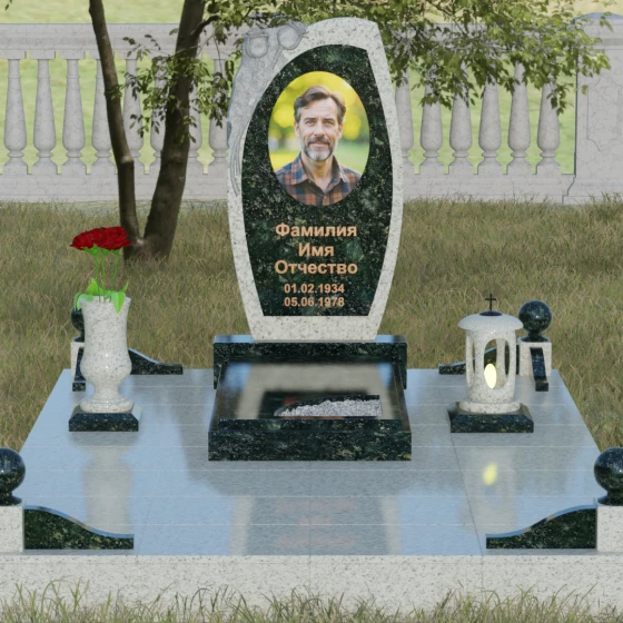 Вертикальный комбинированный памятник без креста в Мурманске, гранит Балтик грин, вид 2