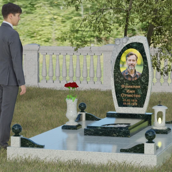 Вертикальный комбинированный памятник без креста в Мурманске, гранит Балтик грин, вид 4