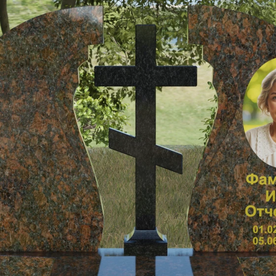 Гранитный православный вертикальный памятник в Омске, гранит Дымовский