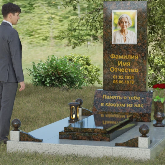 Комбинированный вертикальный памятник светский во Владивостоке, гранит Дымовский, вид 4