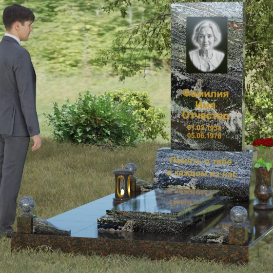 Комбинированный вертикальный памятник светский во Владивостоке, гранит амфиболит, вид 4