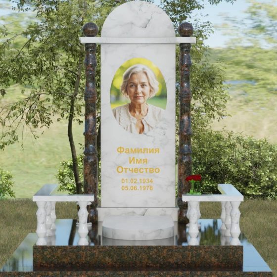 Комбинированный вертикальный памятник в Барнауле, мрамор Тассос, вид 2
