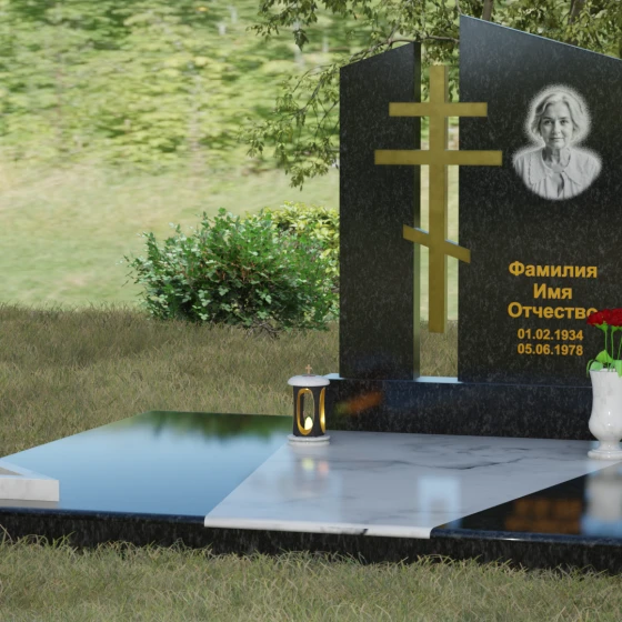 Православный комбинированный памятник с крестом, гранит Габбро-диабаз, вид 4
