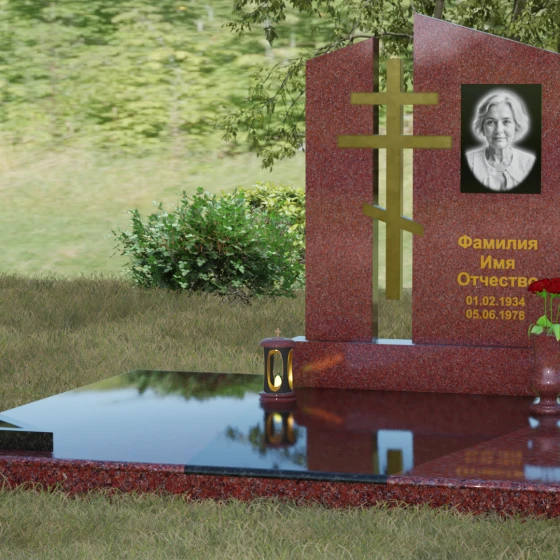 Православный комбинированный памятник с крестом, гранит Лезниковский, вид 4