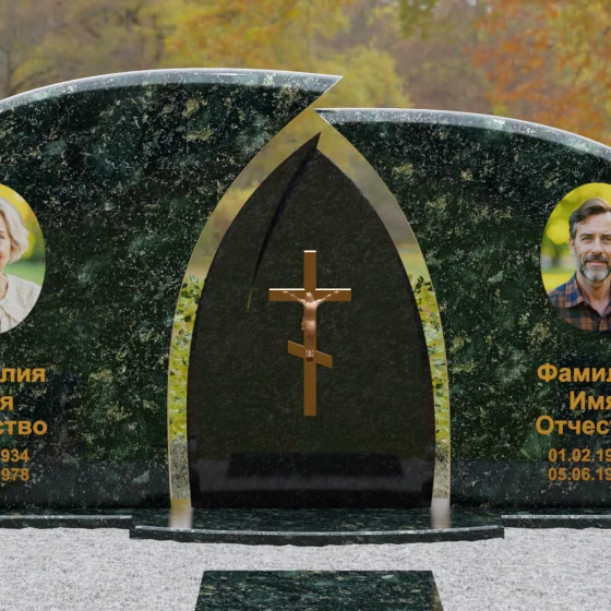 Комбинированный двойной памятник с аркой и крестом, гранит Балтик грин