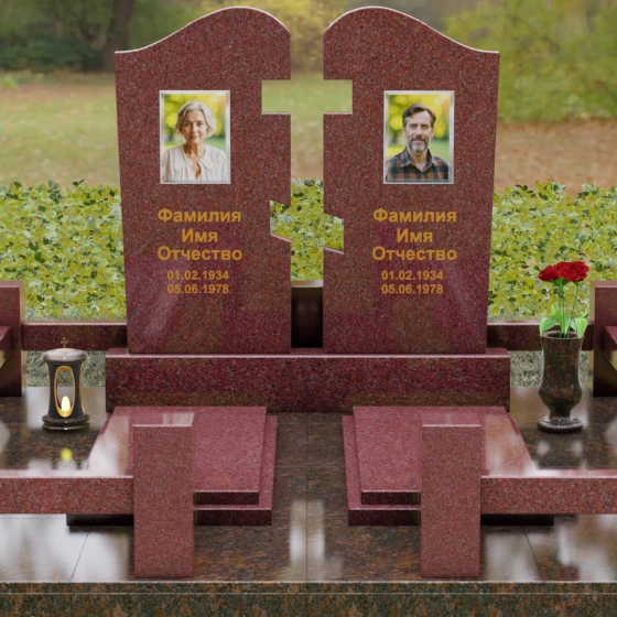 Вертикальный Гранитный памятник на двоих в Альметьевске, гранит Лезниковский, вид 2