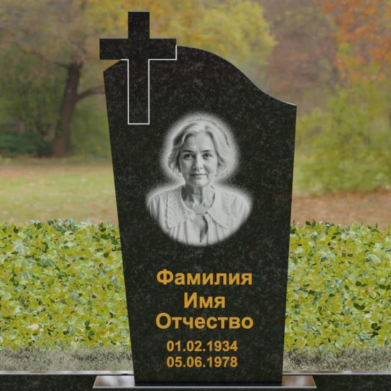 Вертикальный гранитный памятник с крестом в Воронеже, гранит Габбро-диабаз