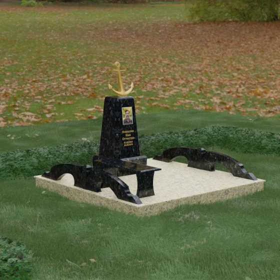 Вертикальный комбинированный памятник для одного во Владивостоке, гранит Блю Перл, вид 5