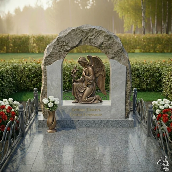 Мемориальная композиция с аркой и бронзовым ангелом, гранит Мансуровский, в Якутске
