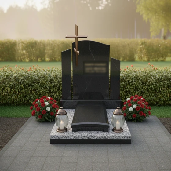 Православный гранитный памятник с крестом и мемориальным комплексом в Новокузнецке, гранит Габбро-диабаз