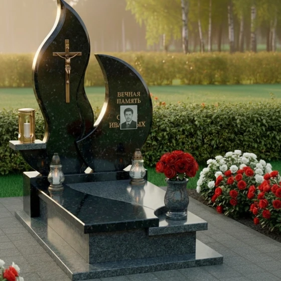 Мемориальная композиция с латунным крестом и вазой, гранит амфиболит