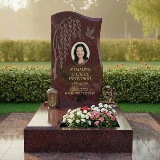 Гранитный вертикальный памятник с мемориальным комплексом в Барнауле, гранит Лезниковский
