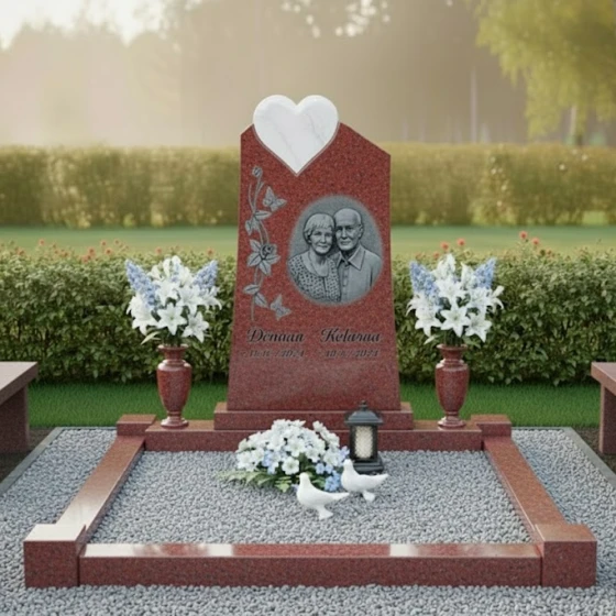 Гранитный мемориал с объемным сердцем и голубями, гранит Лезниковский, в Якутске