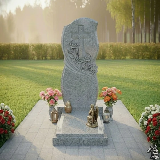 Гранитный памятник с крестом и розами, гранит Мансуровский