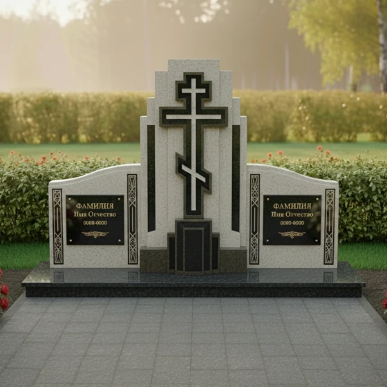 Гранитный памятник с многоступенчатой геометрией и крестом, гранит Мансуровский, в Якутске