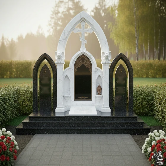 Элитный гранитный памятник с крестом вертикальный во Владивостоке, мрамор Тассос