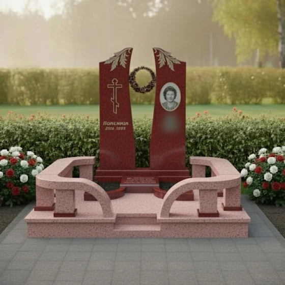 Памятник с двойной стелой, крестом и венком, гранит Лезниковский