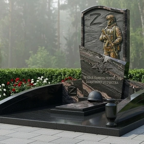 Гранитный памятник воину СВО с барельефом, гранит амфиболит, в Якутске