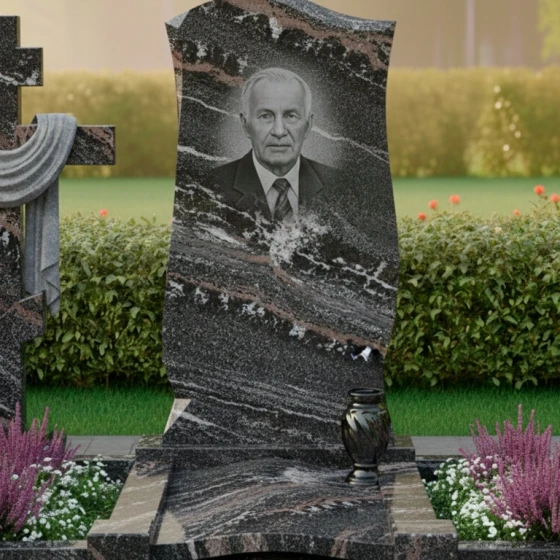 Православный Гранитный памятник с крестом в Новокузнецке, гранит амфиболит