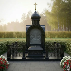 Вертикальный Гранитный православный памятник с мемориальным комплексом - ПН531