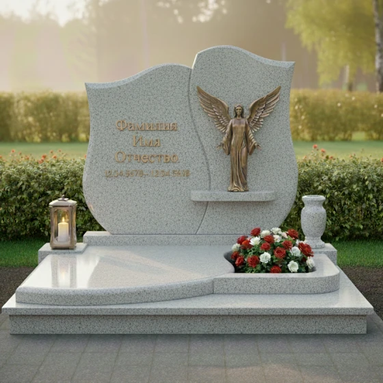 Комбинированный памятник со статуей ангела и цветником, гранит Мансуровский