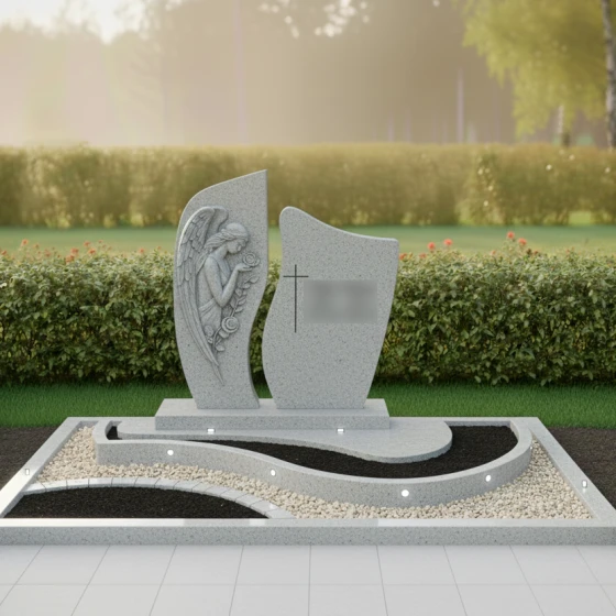 Православный мемориал с барельефом ангела, гранит Мансуровский, в Якутске