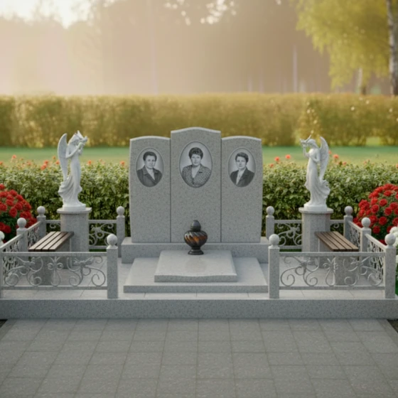 Элитный гранитный горизонтальный памятник на троих в Омске, гранит Мансуровский