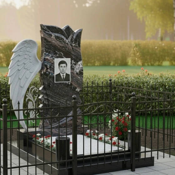 Гранитный или мраморный памятник с крылом ангела, гранит амфиболит