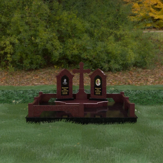 Семейный памятник с арками и православным крестом, гранит Лезниковский, вид 2