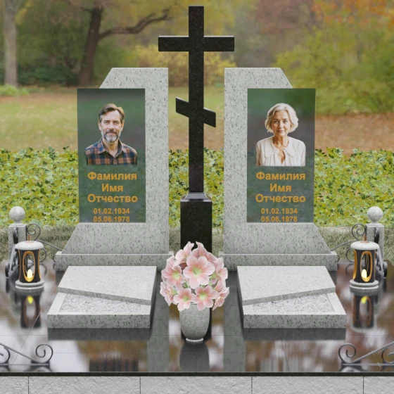 Православный памятник со стеклом для двоих в Барнауле, гранит Мансуровский, вид 2