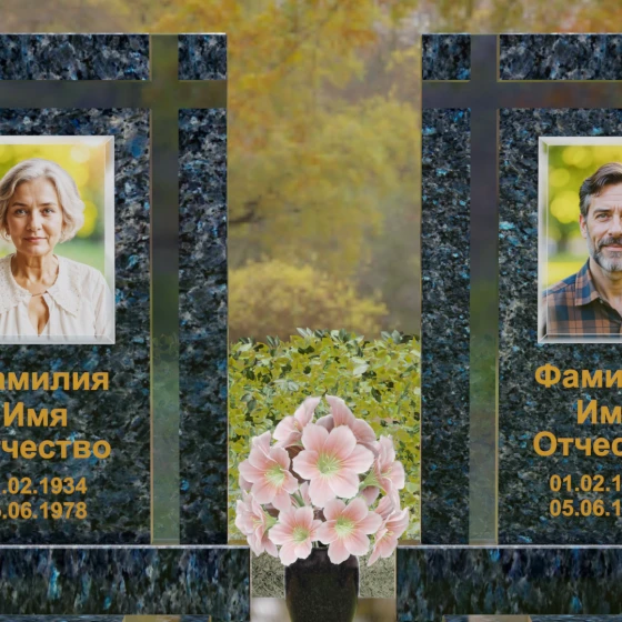 Вертикальный гранитный памятник с крестом и сферами, гранит Блю Перл, в Якутске