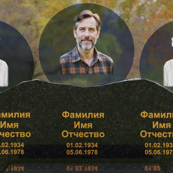 Горизонтальный гранитный памятник со скалой и медальонами, гранит Габбро-диабаз
