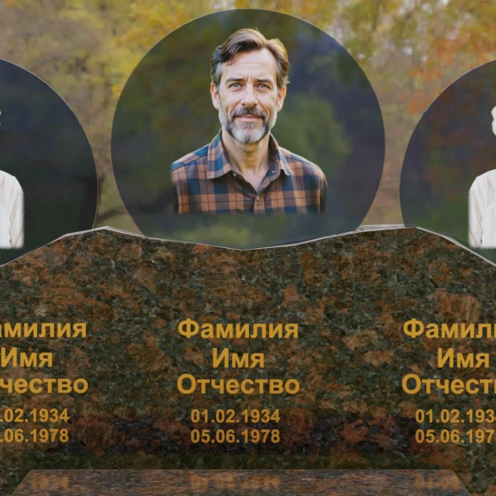 Горизонтальный гранитный памятник со скалой и медальонами, гранит Дымовский