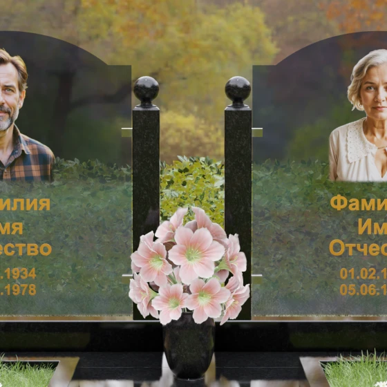 Горизонтальный памятник с арками и стеклом, гранит Габбро-диабаз