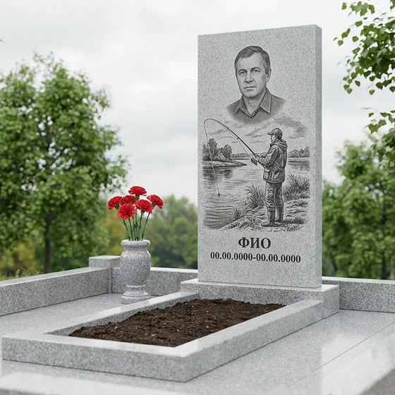 Гранитный памятник рыбаку в форме скалы с речным сюжетом
