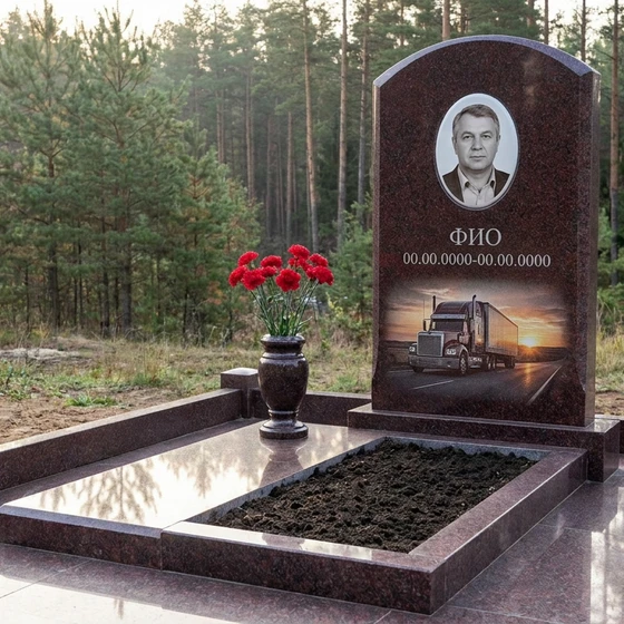 Гранитный памятник дальнобойщику с арочным верхом с рулём и трассой