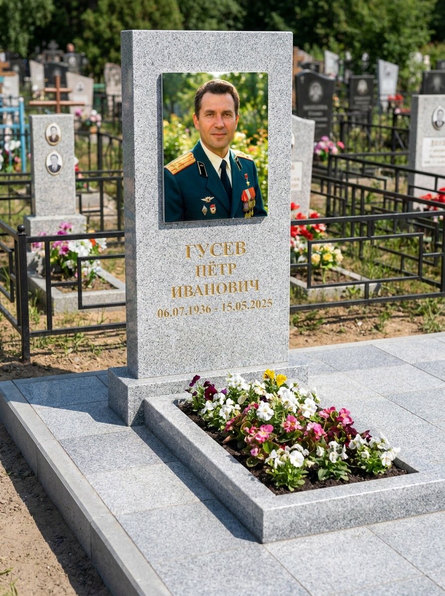 Портрет на памятнике в Барнауле — Прямоугольник на гранитной стеле, ФИО и даты на портрете